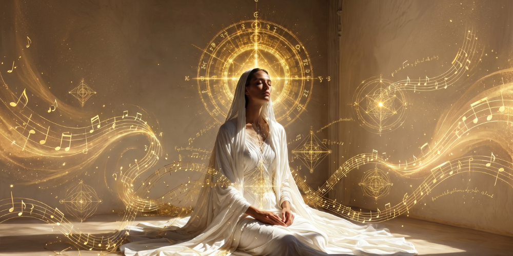 Serene woman in flowing white robes meditates amid golden musical notes, mystical symbols, and glowing celestial circles in a warm, ethereal room.