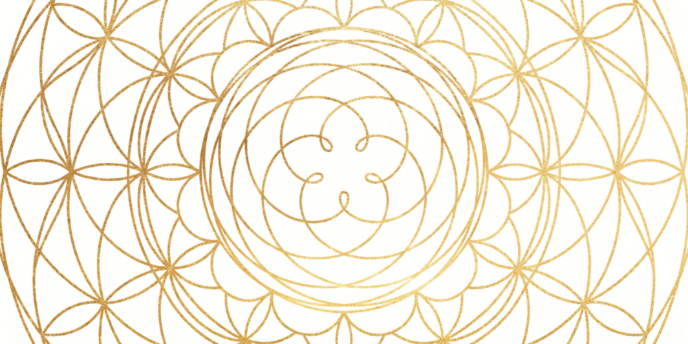 Intricate golden geometric mandala on a white background, with layered floral petals, circular symmetry, and a serene, harmonious tone.