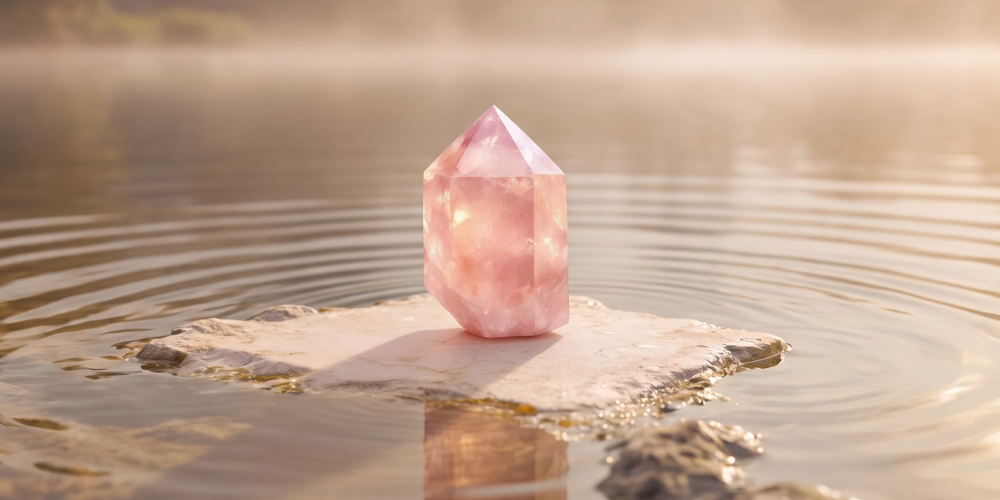 A rose quartz crystal point rests on a pale rock in calm rippling water, casting a reflection in warm light; a serene, soothing scene.