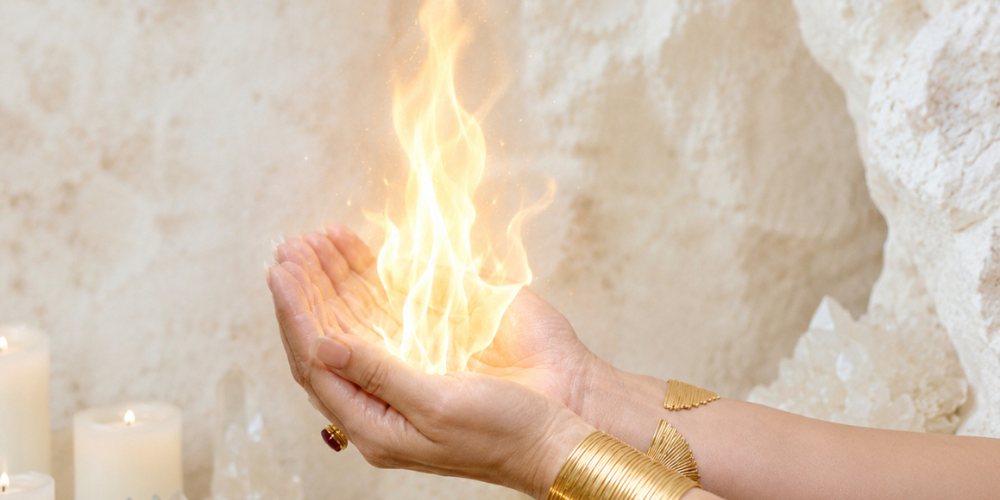 Close-up of cupped hands holding a bright golden flame, adorned with bracelets, against a pale rocky backdrop; evokes warmth and mysticism.