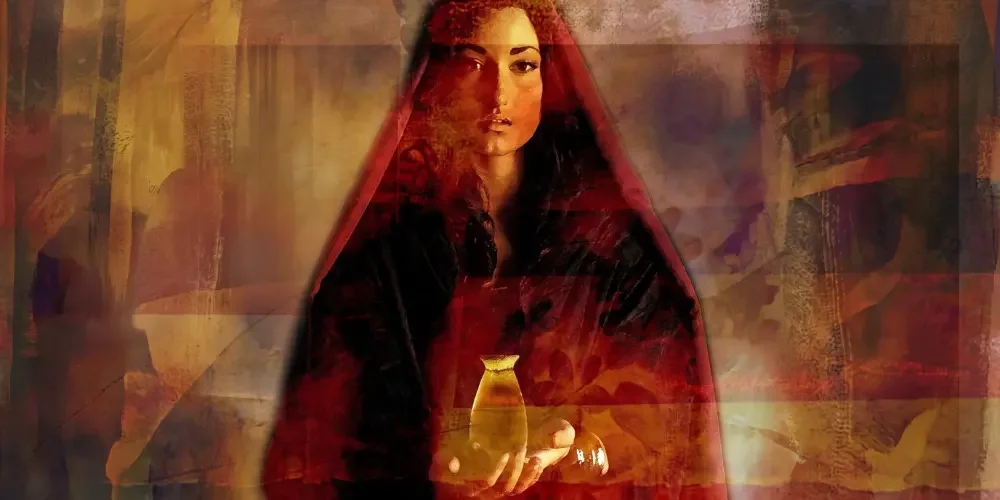 A solemn woman in dark robes stands within a red triangular frame, holding a glowing golden vessel amid warm, abstract layered textures.