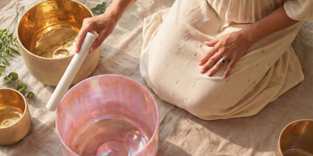 Person in cream clothing uses a white mallet beside colorful singing bowls, creating a calm, soothing meditation scene.