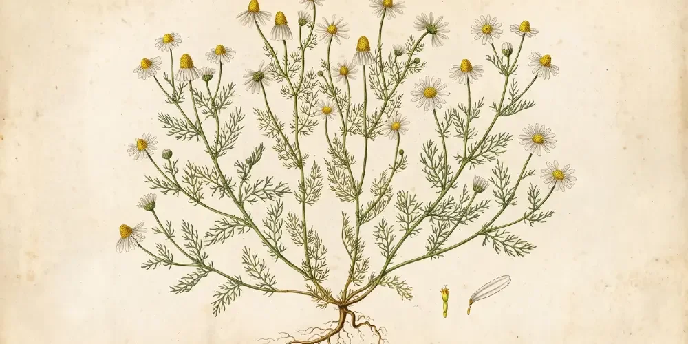 Botanical illustration of a branching chamomile plant with feathery green leaves and small white, yellow-centered flowers on aged paper.