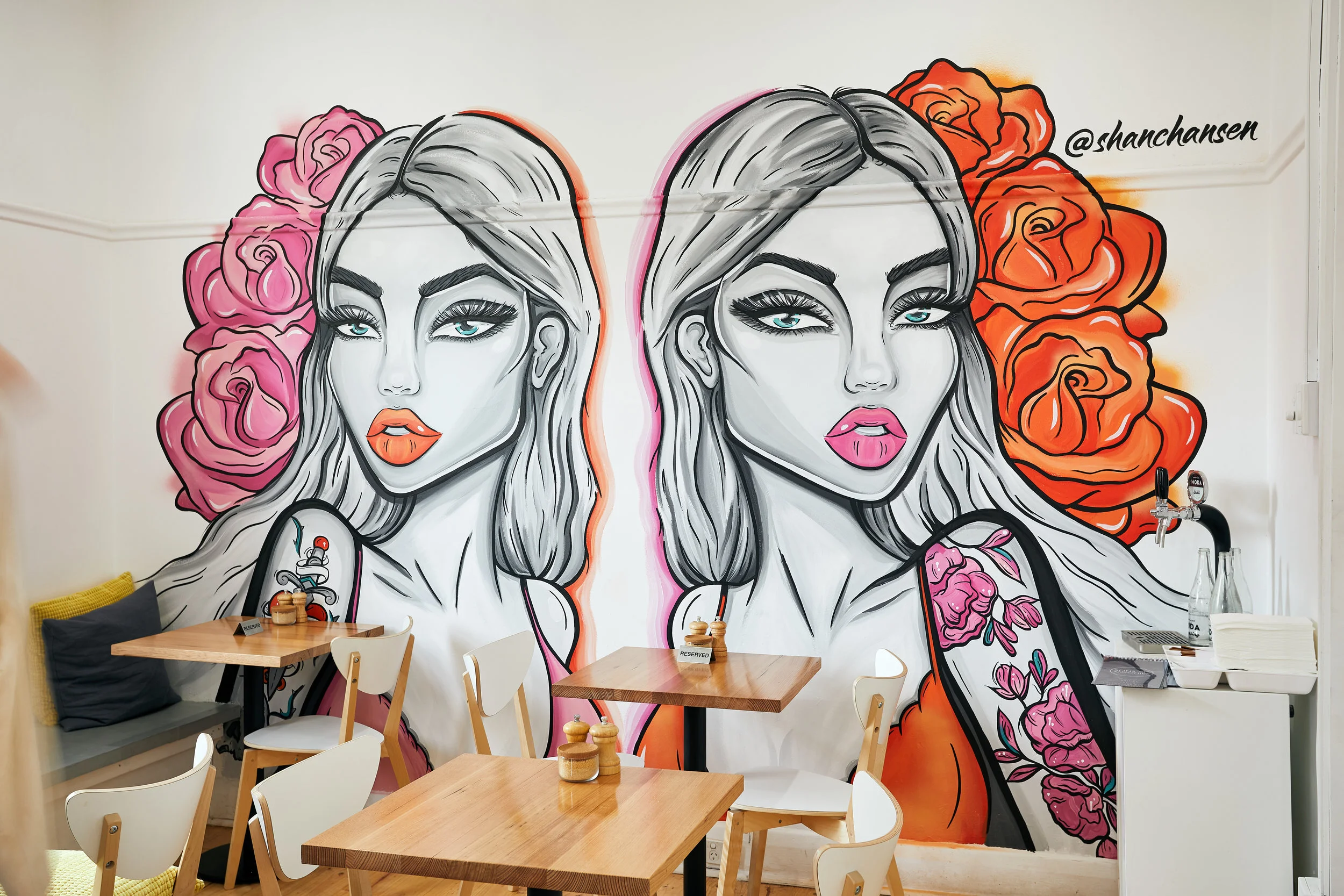  I was approached by Highett cafe, Sons of Mischief, to create a large-scale piece for their function room. Inspired by their name, I came up with a play on the classic angel/devil combination.  