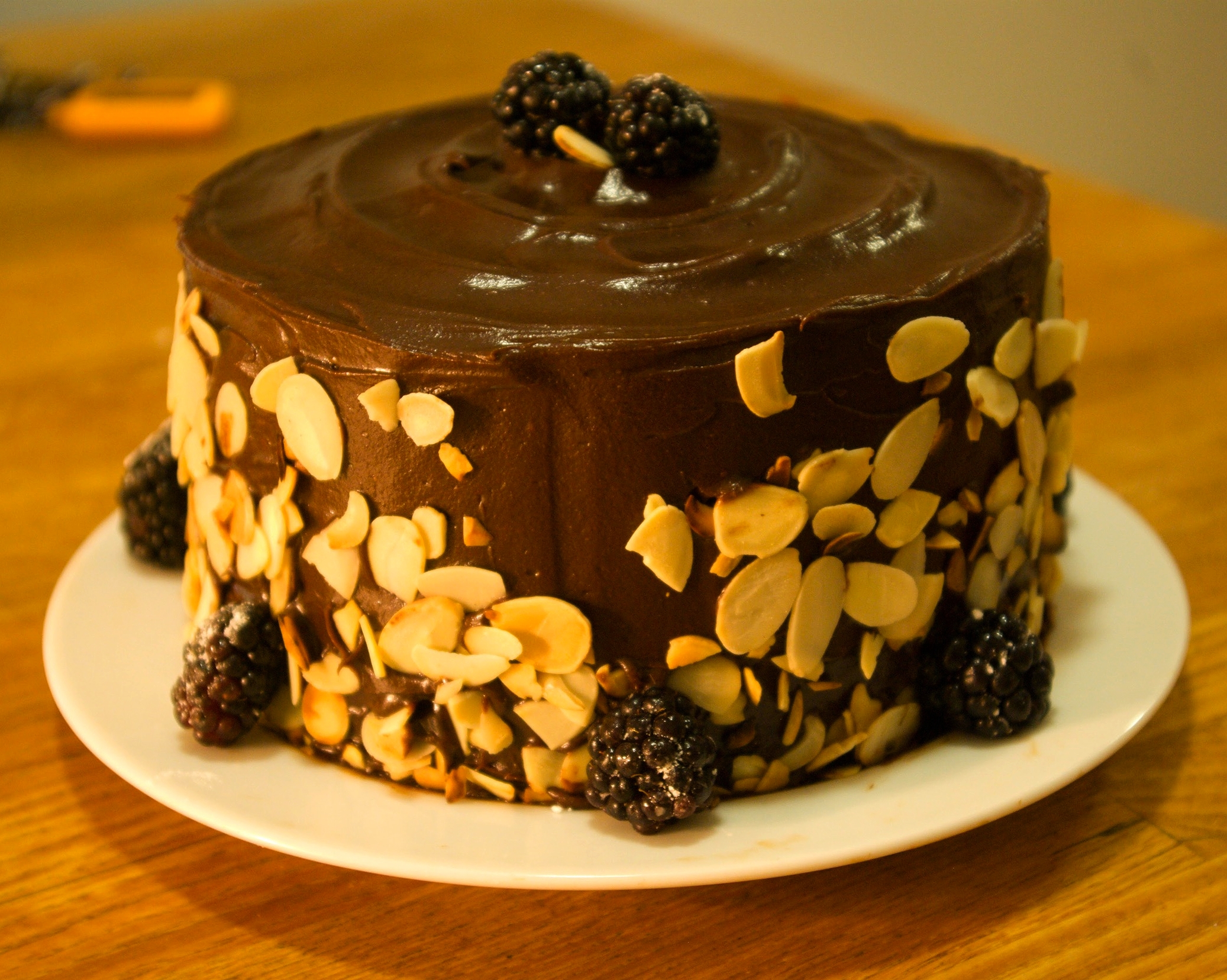 Blackberry buttermilk spice cake with bittersweet chocolate ganache