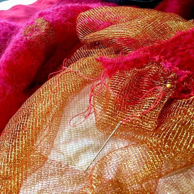 Back here again. Sewing. Music is my friend. If I&rsquo;m lucky, perhaps to venture out there and wrestle with The 3 Swans of the Apocalypse later this afternoon #apocalypse #3 #swans #pinkandgold #holes #repairs #music