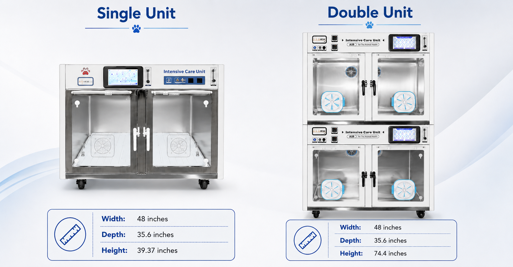Comparison of a single and double animal care unit, both made of stainless steel. The single unit measures 48 inches wide, 35.6 inches deep, and 39.37 inches high. The double unit also measures 48 inches wide, 35.6 inches deep, but is taller at 74.4 inches. Both units have digital displays and compartments with blue handles.