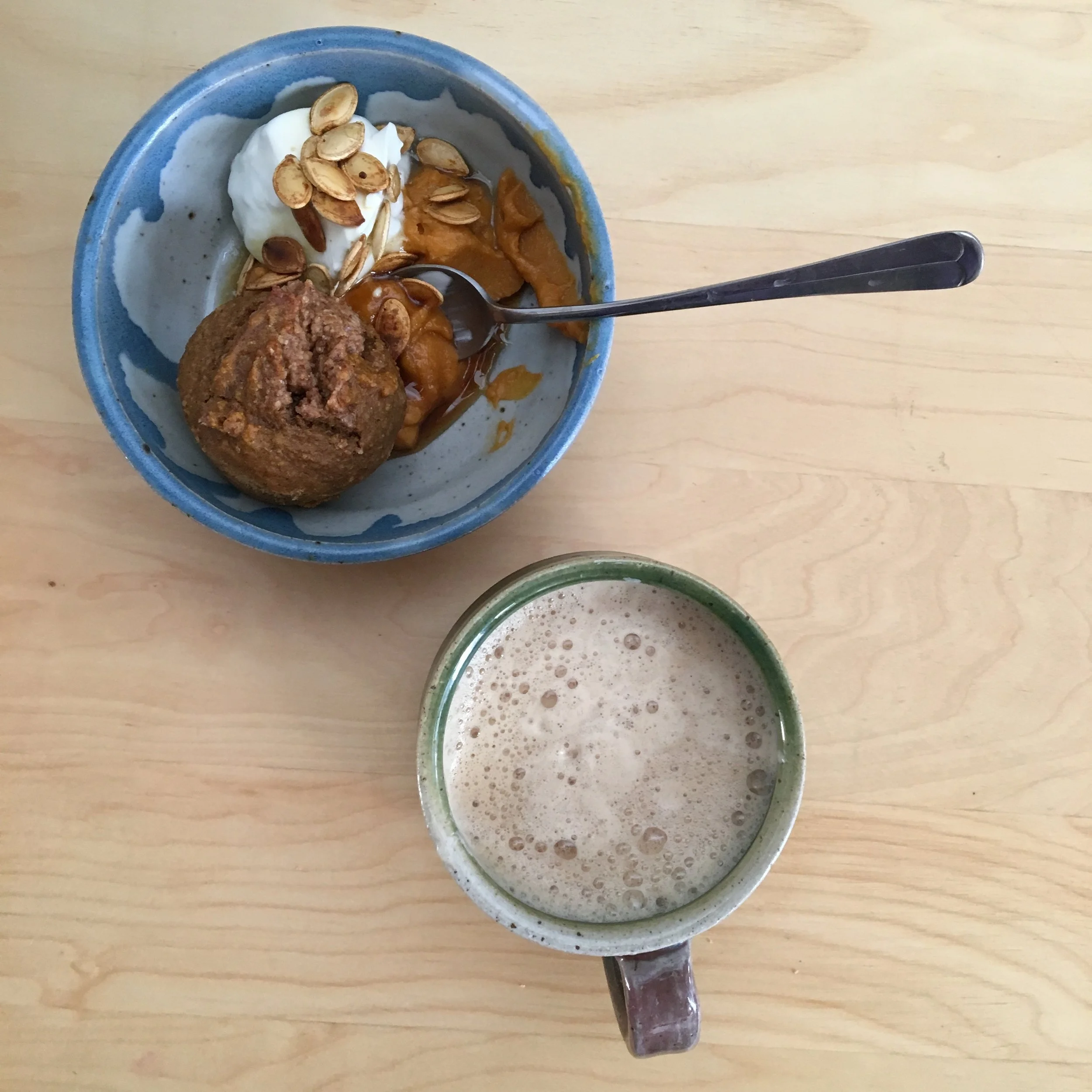 Breakfast often feels like poetry for me. Here I quietly eat a sweet potato muffin with a side of full-fat yogurt and clasp my hands around a homemade latte for warmth. My belly, heart and mind are one for a few delicious bites and sips. 