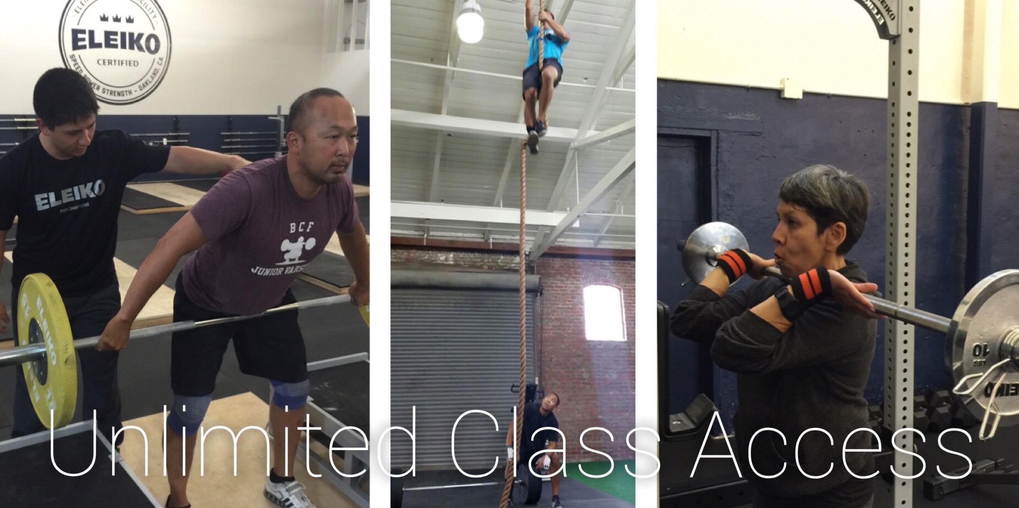 men and women weightlifting and climbing ropes