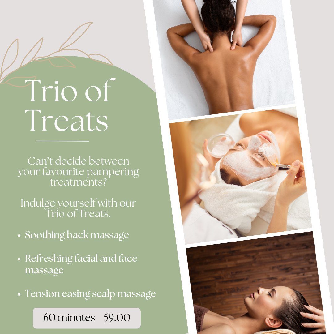 Can&rsquo;t decide between your favourite pampering treatments? 

Indulge yourself with out trio of treats. 

Enjoy a soothing back massage before a refreshing facial cleanse and draining face massage. Feel the tension ease from the scalp with our si