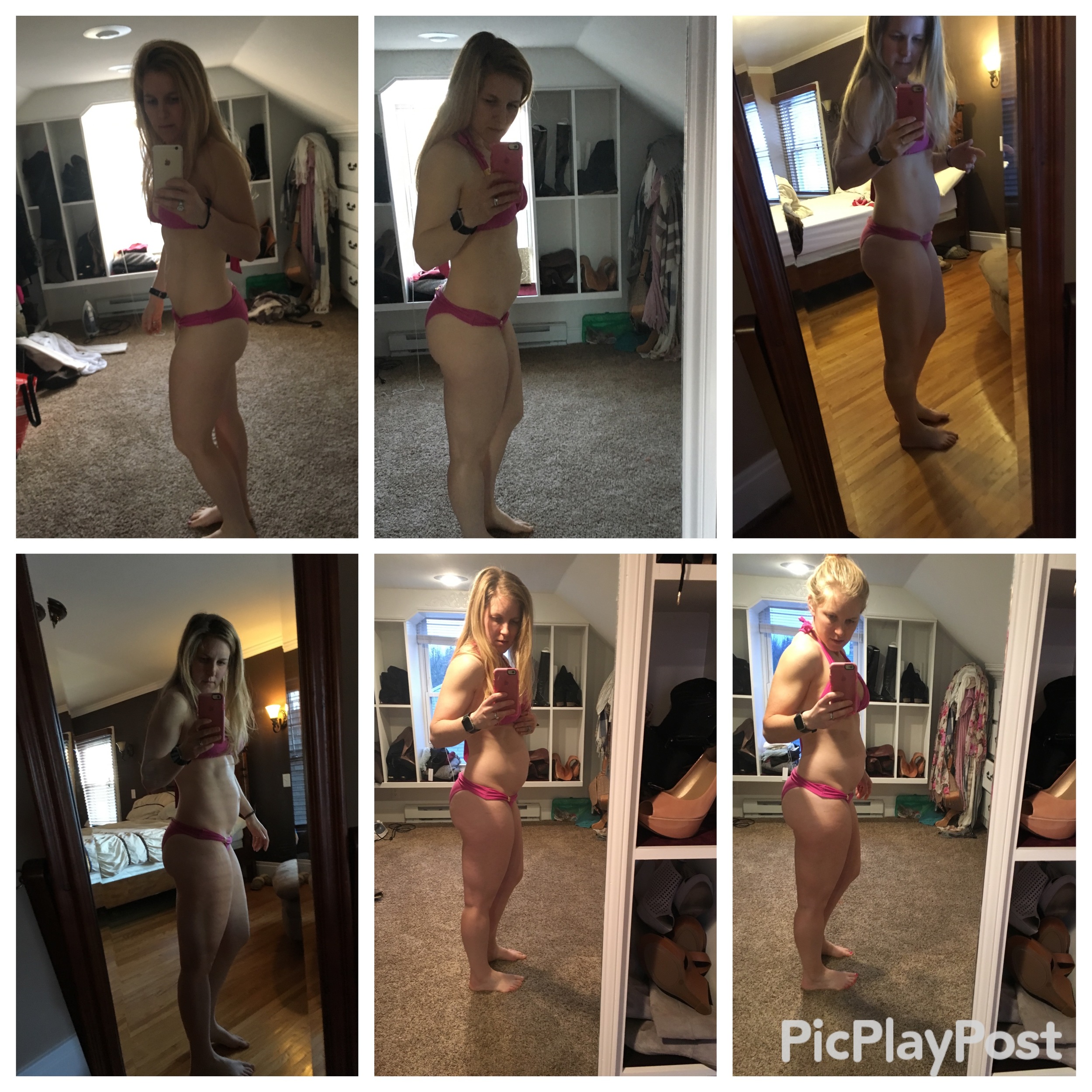 Week 5 (top left), Week 12 (top middle), Week 13 (top right), Week 14 (bottom left), Week 15 (bottom middle), Week 16 (bottom right). As you can see, my body is slowly changing everywhere...gains..gains..gains...Gonna have some work to do when this little guy comes out!!!! 
