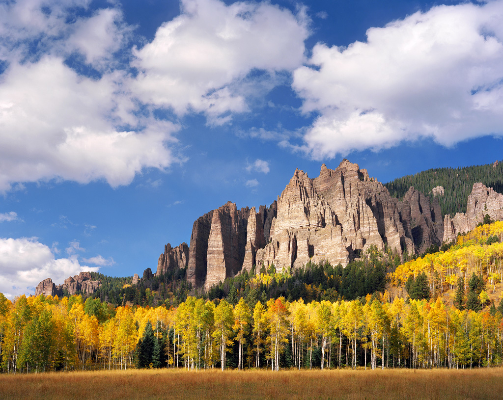 “Aspen and Rock Spires” – Light and shadow play among the rock spires and aspen forest.