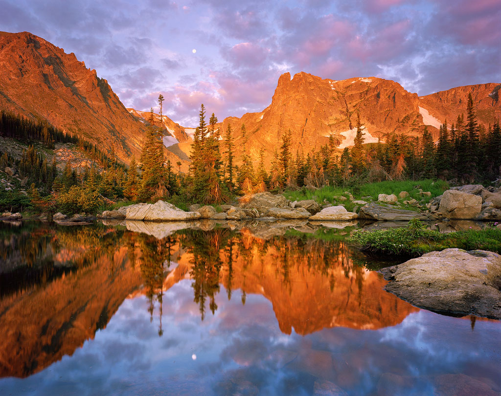 “Alpenglow at Two Rivers Lake” – A wild combination of glowing peaks, puffy clouds and the setting moon made for my favorite morning of photography this entire year. Prints available!