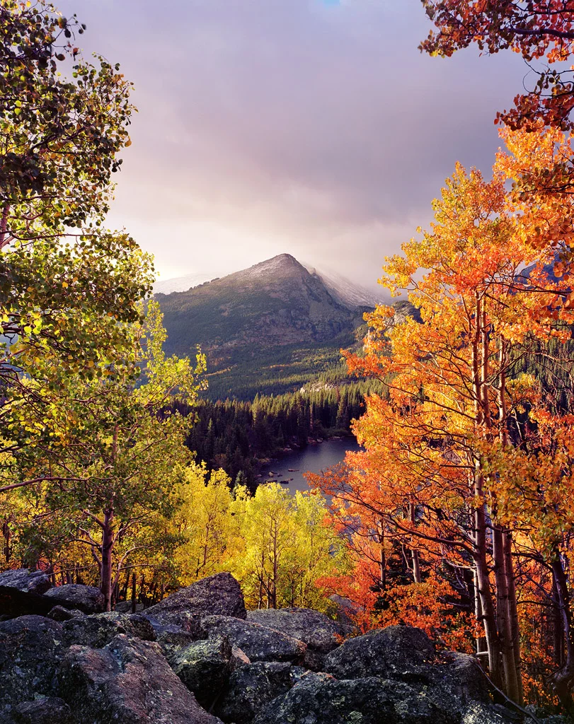 “Fall Storms over Bear Lake” – I waited through every kind of precipitation – rain, hail, sleet and snow – to watch the morning light glow through the aspens above Bear Lake. Prints available.