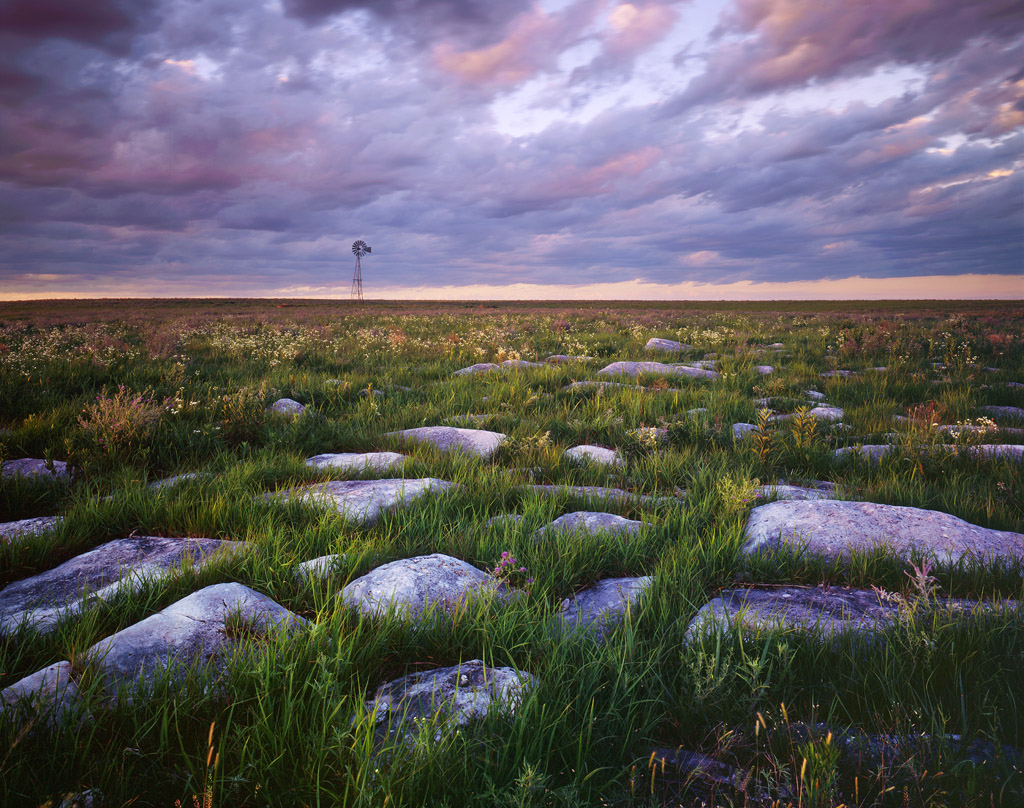 "Flint and Windmill" - Another view from the Flint Hills, with the namesake rock sticking out from the prairie in patches like this. Prints Available.