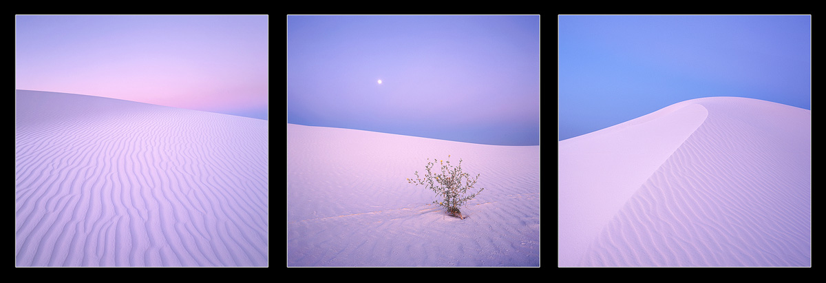 "Twilight Dunes" - A set of three images taken from different days at twilight show the magic of White Sands, New Mexico.