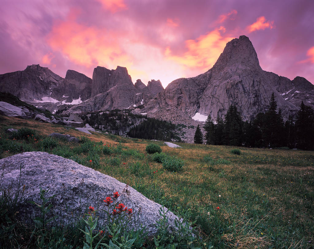"Towers on Fire" - A fiery sunset on our first night in the Cirque of the Towers. Prints Available. Provia 100f 4x5, 75mm lens - 10 seconds at f32, 2 stop soft GND filter and warming filter.