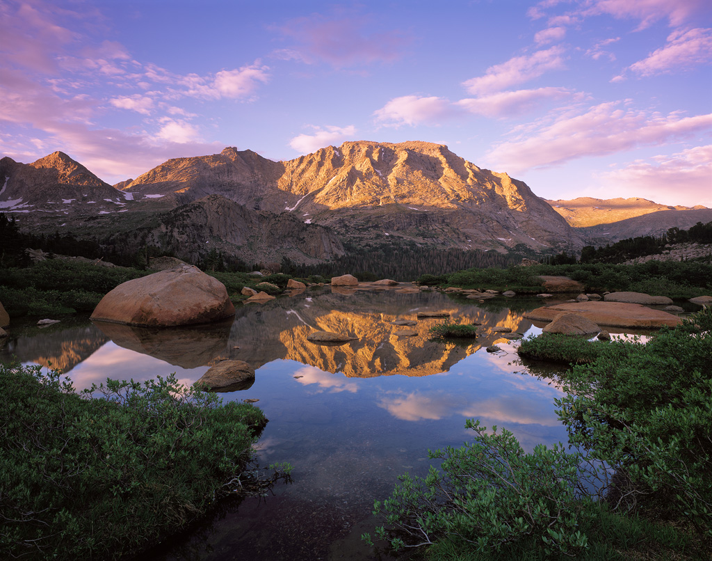 "Lizard Head Reflections" - Lizard Head Peak reflects in the calm waters of an alpine tarn in the Cirque of the Towers. Prints Available. Provia 100f 4x5, 75mm lens- 1 second at f32, 2 stop soft GND filter