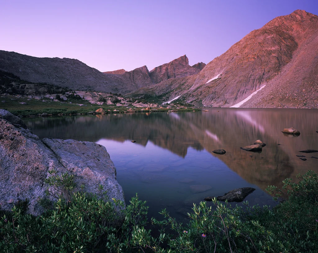 "Billy's Lake Blue Hour" - Evening twilight from the back side of the Cirque. Prints Available. Provia 100f 4x5, 75mm lens - 4 minutes at f22, warming filter