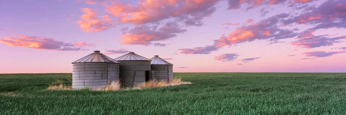 "Silos at Sunset" - Silos stand in an endless field of wheat field below a vibrant sunset sky. Prints available.
