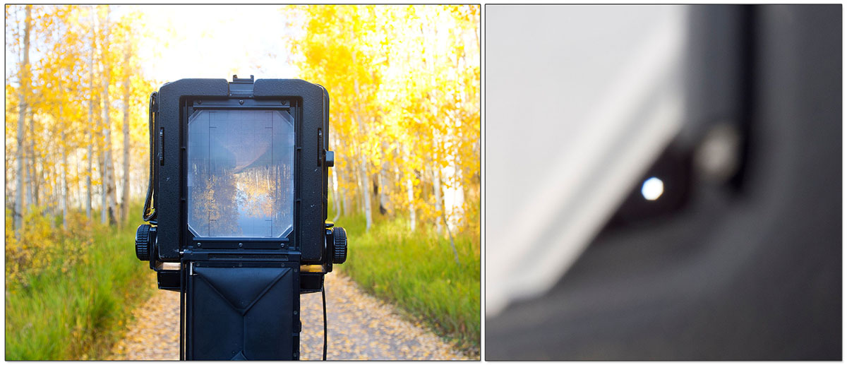 On the left you can see the image on the ground glass, notice the corners are clipped on the glass. The image on the right shows you what the lens opening looks like through the corners. If the circle isn't round when the lens is stopped down then you'll have some notable vignette issues.