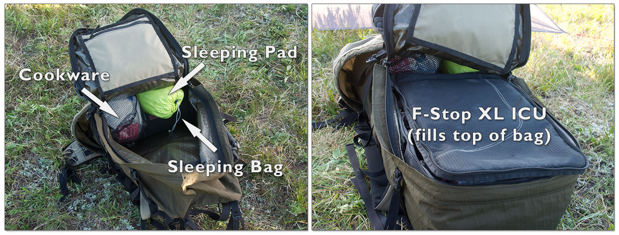 My backpacking bag before and after inserting the camera stuff. Plenty of room in there.