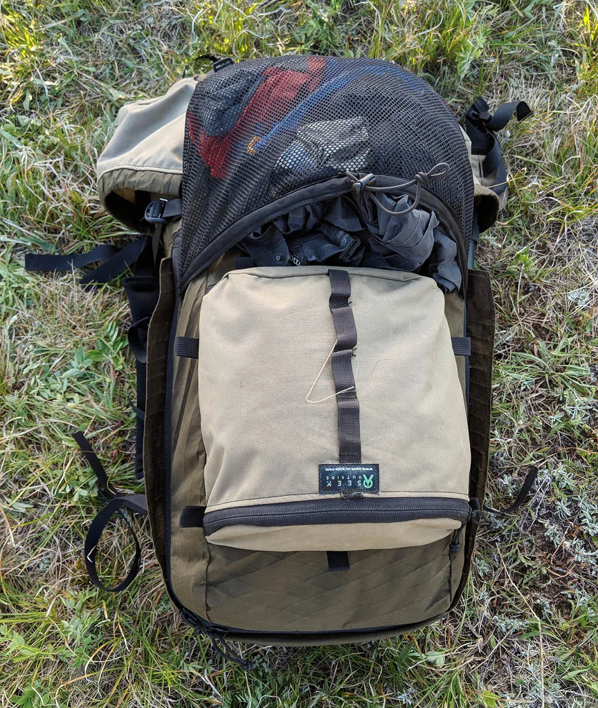 And here's the pack closed up. Rain gear goes in the mesh pouch, and the top pouch has room for lots of backpacking essentials.