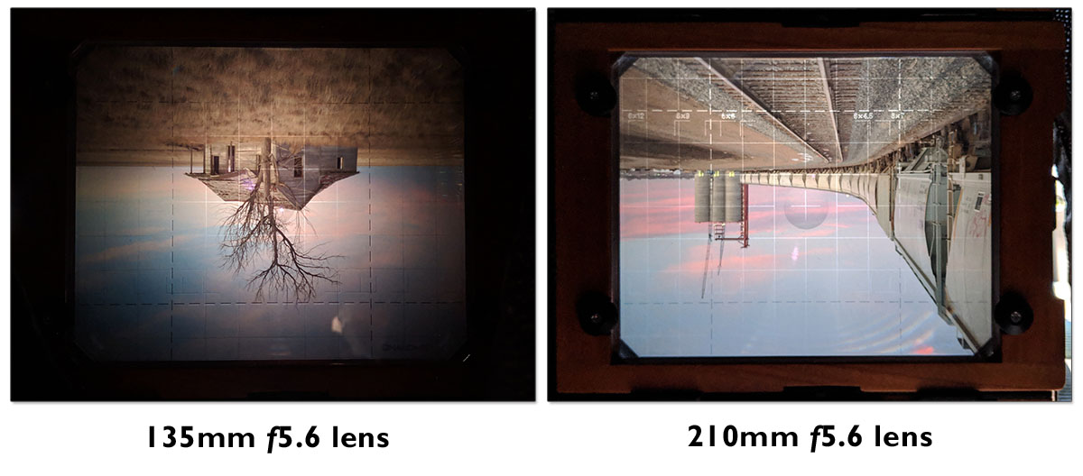 Difference in ground glass brightness between 135mm and 210mm f5.6 lenses. Both lenses are shown wide open in light conditions that are nearly identical. As the lenses get even wider (such as 90mm) the view will get far dimmer on most fresnel-equipped ground glasses.