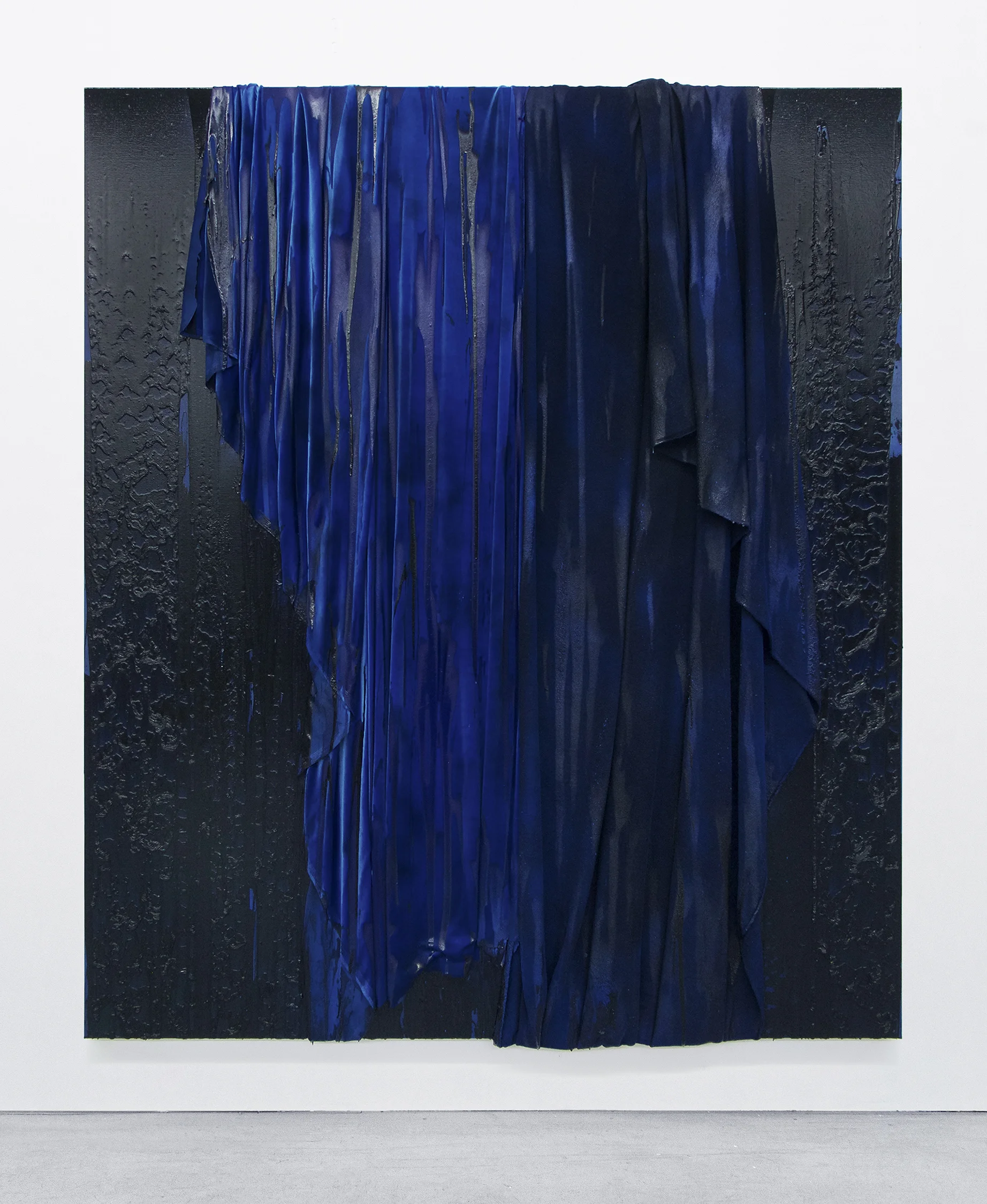 Kasper Sonne HP 2018 Fabric, thread, spray paint, glitter and liquid rubber on linen 84 x 72 inches