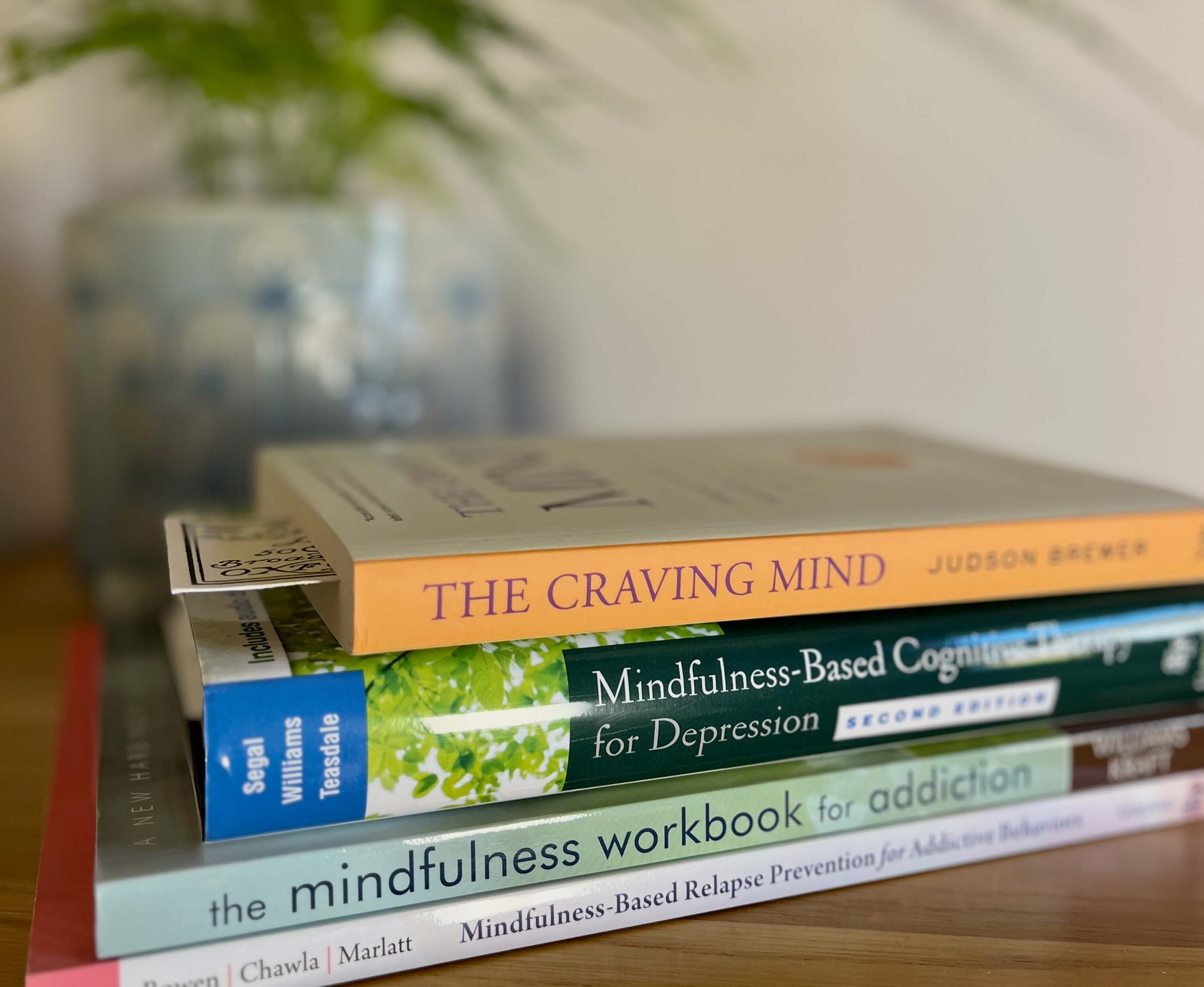A stack of books on mindfulness, addiction and cravings — supporting recovery from problem gambling