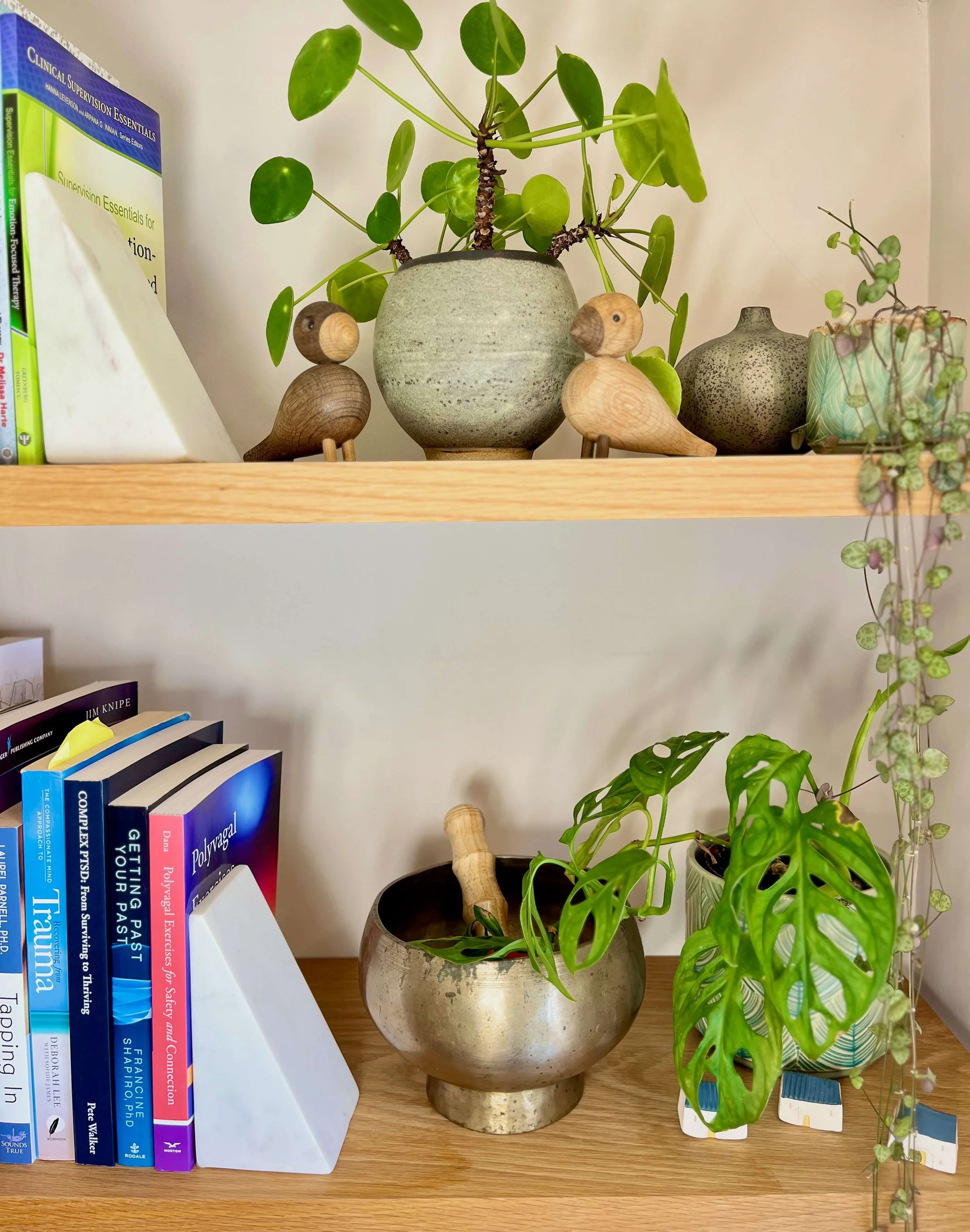A warm therapy bookshelf with a singing bowl, plants and mindfulness objects — creating a calming space for gambling recovery