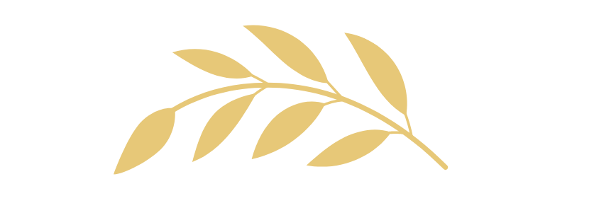 Stylized gold-colored branch with multiple elongated leaves on a black background.