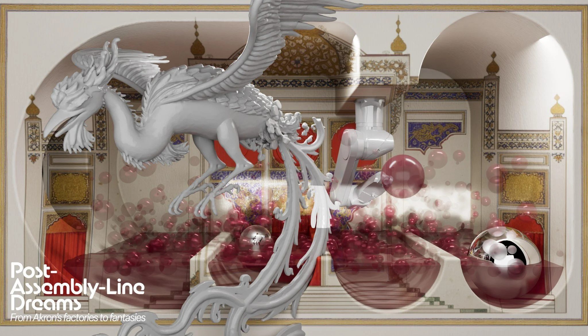 Meet the hero of the work: a local robotic arm leaves the factory assembly line behind, setting out on a journey to become an artist and performer. 

That journey unfolds in 𝘗𝘰𝘴𝘵-𝘈𝘴𝘴𝘦𝘮𝘣𝘭𝘺-𝘓𝘪𝘯𝘦 𝘋𝘳𝘦𝘢𝘮𝘴 by Ebrahim Poustinchi &mdash