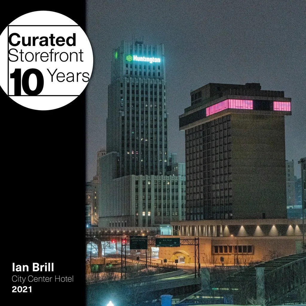 In conjunction with Curated Storefront, Pennsylvanian artist Ian Brill installed over 2,250 square feet of LED panels on the top floor of the former Akron City Center Hotel to create Band, a programmatic and immersive light installation. Overlooking 