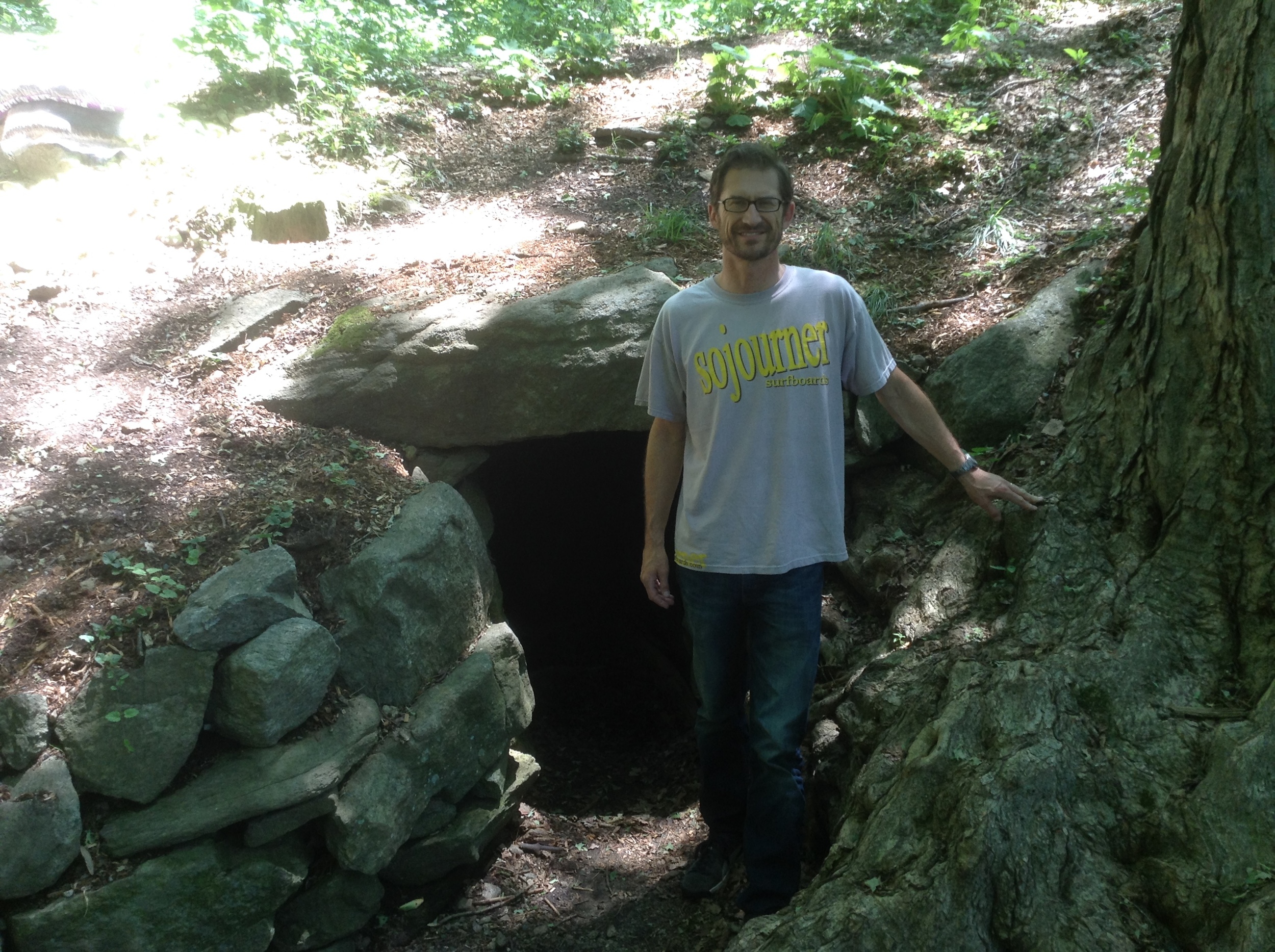 Above: your humble author at the entrance to the passage and the Upton Chamber, for purpose of scale. This photograph was taken on July 03, 2016. Again, the interested reader may wish to compare to images showing the opening from about five years earlier, in September of 2011, which can be seen in the first of the blog posts linked above. 