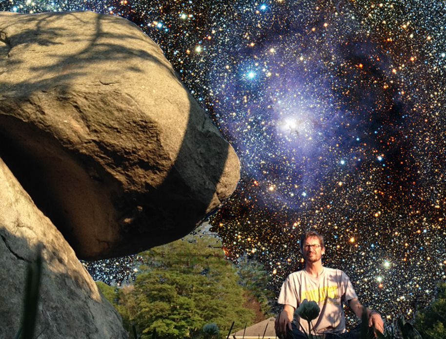 image: Holliston Balancing Rock, with background of stars from the Lagoon Nebula (background image: Wikimedia commons, link ).
