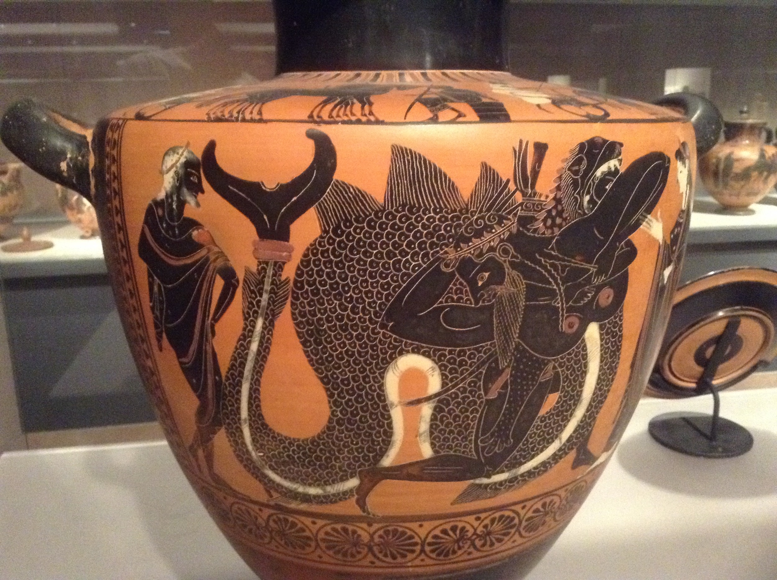 image: Hydria (water-jar) with image of Heracles wrestling Triton, c. 520 BC, in the Boston Museum of Fine Arts ; photograph by the author.
