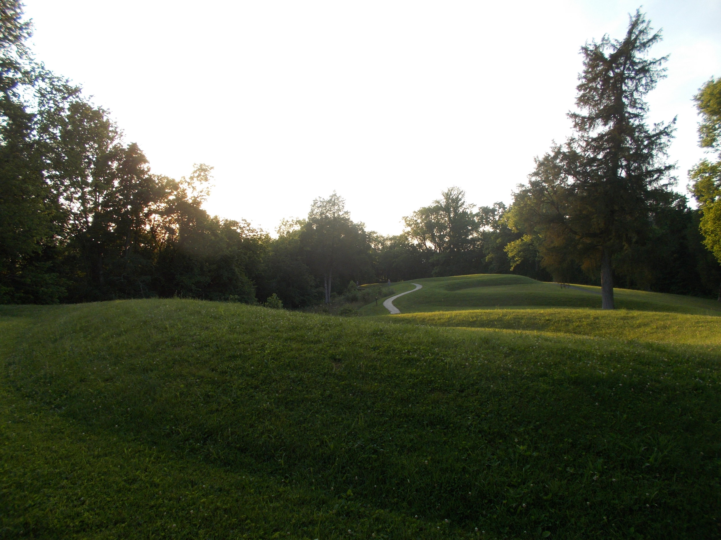 image: looking downhill towards the head of Great Serpent Mound, from the outside edge of the second full "closed-to-the-east" hairpin curve in the body of the Serpent (the middle of three such "closed-to-the-east" curves), 06/17/2017.