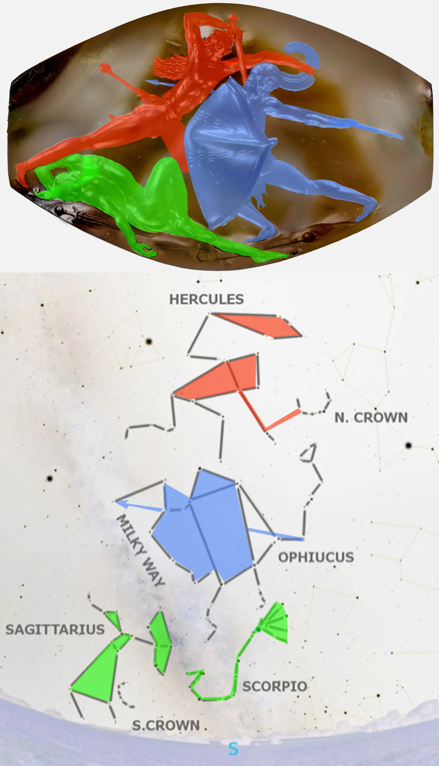 Top image of Pylos Combat Agate from Wikimedia commons (link here ), colorized. Bottom image by the author, using stars from the free open-source planetarium app Stellarium .