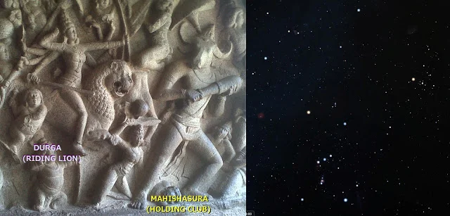 left: Mahabalipuram temple relief, Wikimedia commons ( link ); right: stars of Orion and Taurus, stellarium.org .
