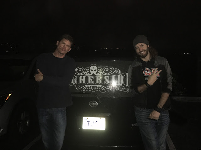 With Greg Carlwood (on the right when facing the picture) in San Diego, city lights of Encinitas in the background; 13 March 2018. Photograph by Mark Devlin.