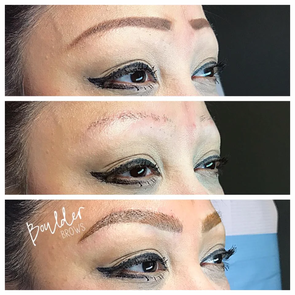 Top: Client's Drawing | Middle: Old Faded Pink Tattoo + Bosley Hair Transplants (both way too high) | Bottom: After Microblading & Shading