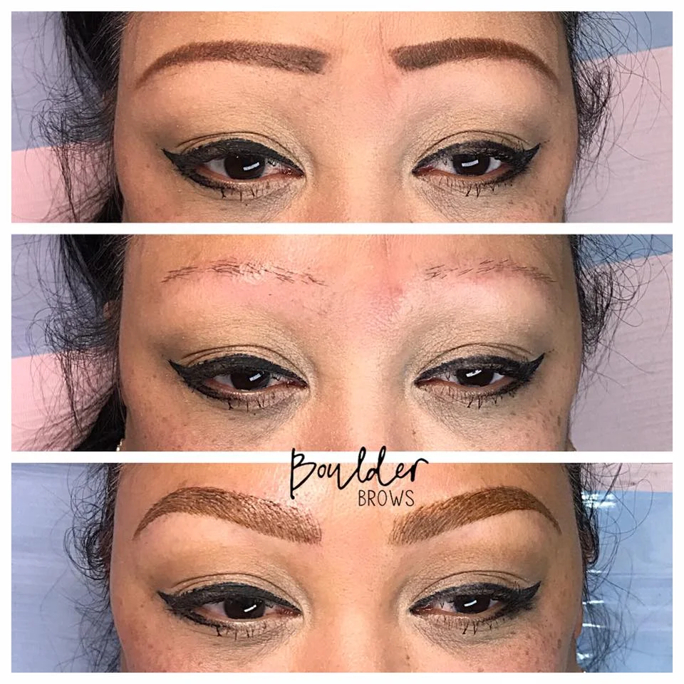 Top: Client's Drawing | Middle: Old Faded Pink Tattoo + Bosley Hair Transplants (both way too high) | Bottom: After Microblading & Shading