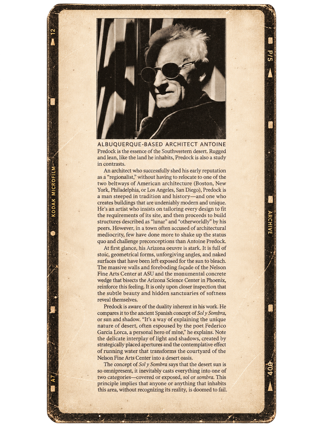 Black and white photograph of a man with spiky hair wearing round sunglasses, smiling. The photograph is on a worn, vintage-style card with a biography of architect Antoine Predock, describing his work inspired by southwestern desert landscapes and h