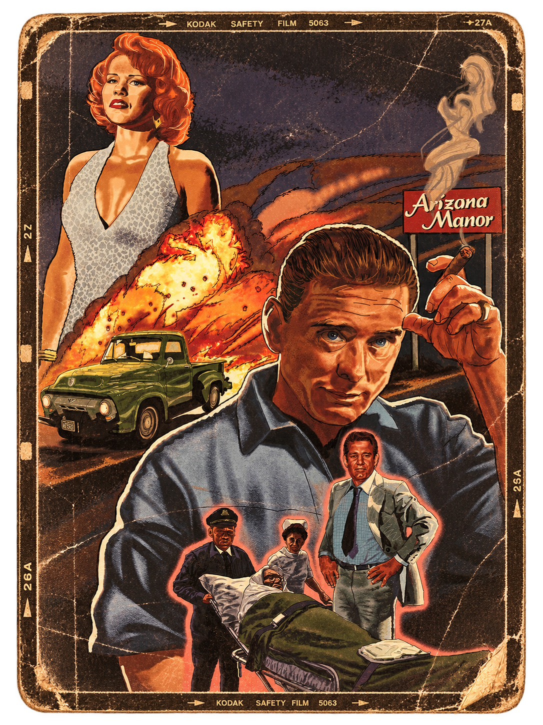 Vintage style illustration for 'Incognito, Inc' editorial feature with scenes including a woman with red hair, Sammy The Bull holding a cigar, a green pickup truck, and an explosion, with rescue personnel and a patient on a gurney in the foreground.