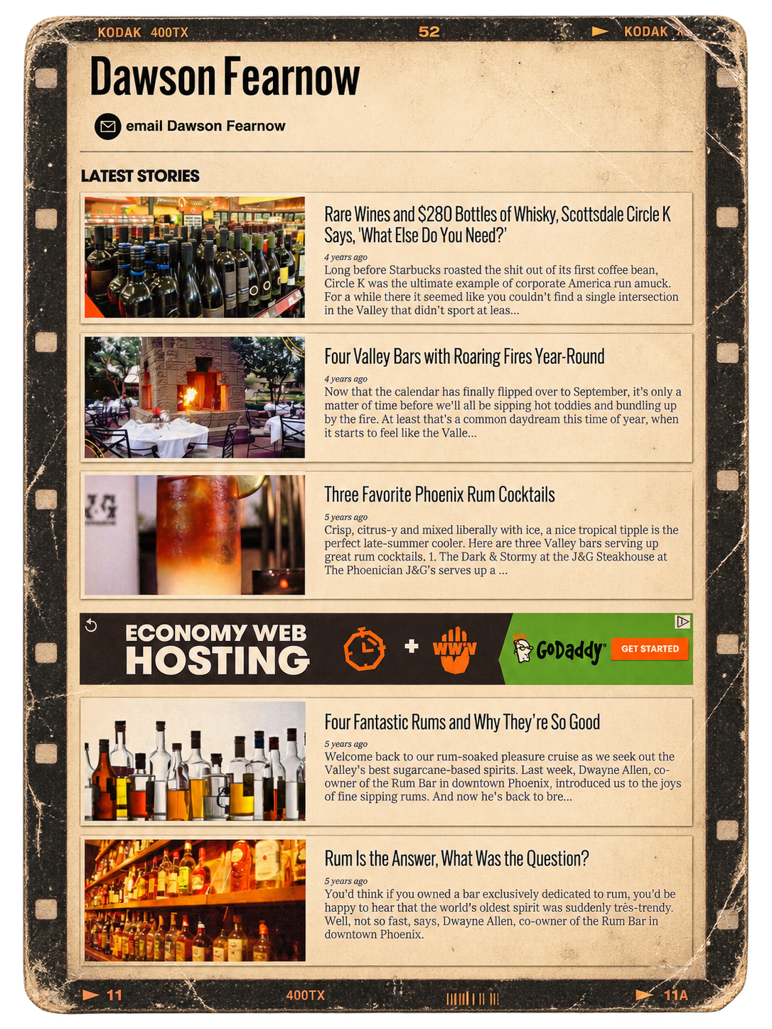 A vintage-style webpage with articles about wine, bars, and rum in Phoenix, featuring images of wine bottles, a fireplace with tables, a cocktail, and bar shelves, along with an advertisement for web hosting.