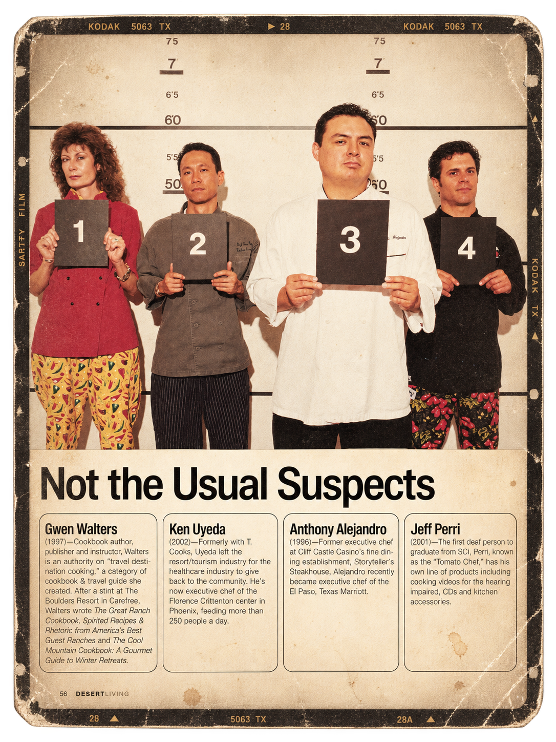 Four people posing for a photo in a line-up style, holding black signs with numbers 1 through 4 in front of their chests, against a height measurement background. The image has a vintage, worn appearance with a caption reading 'Not the Usual Suspects