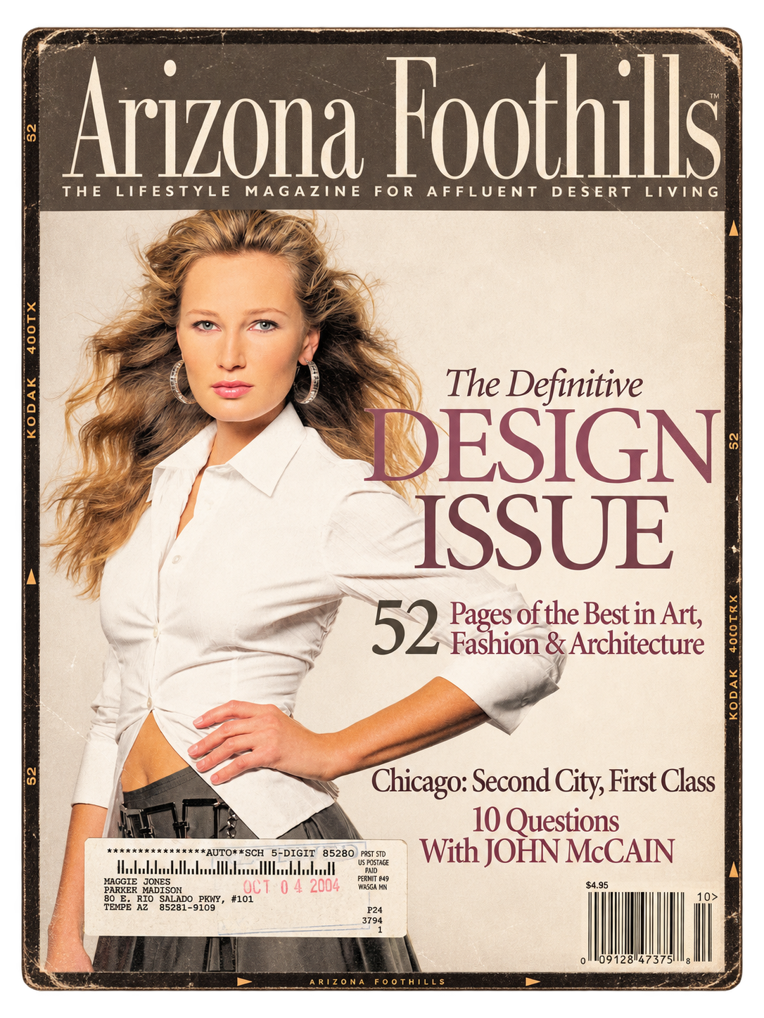 Cover of Arizona Foothills magazine featuring a woman in a white blouse and black skirt. The magazine title is at the top, with headlines about art, fashion, architecture, Chicago, and an interview with John McCain.