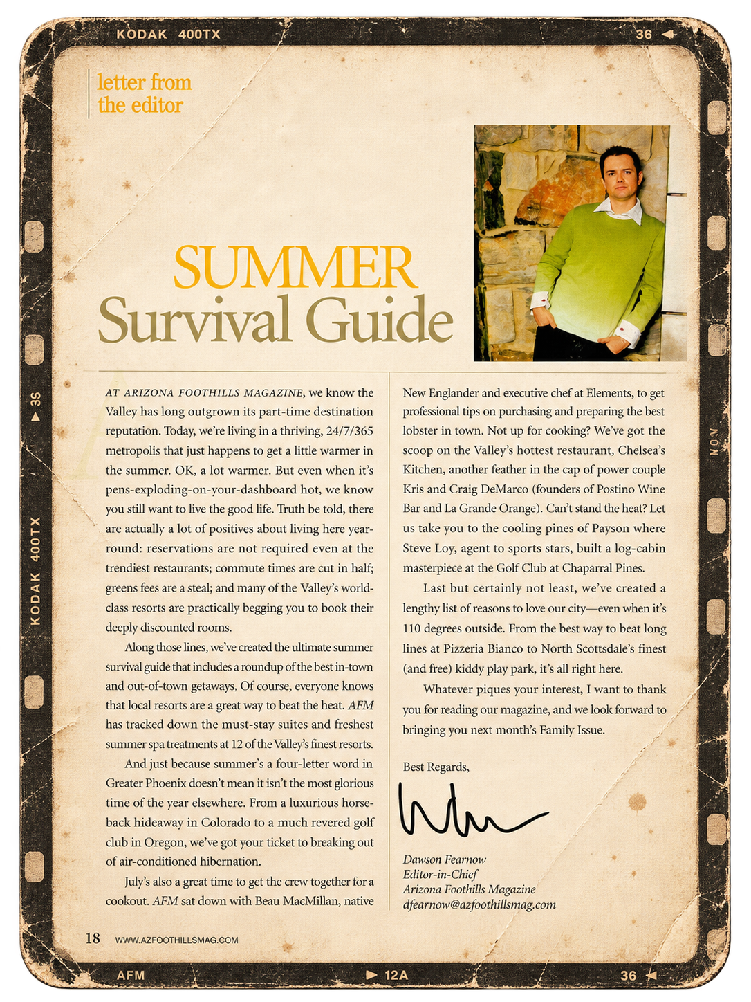 Page from Arizona Foothills Magazine titled 'Summer Survival Guide' with a photo of a man in a green sweater and white collared shirt leaning against a stone wall. The page contains a letter from the editor and discusses summer activities, local reso