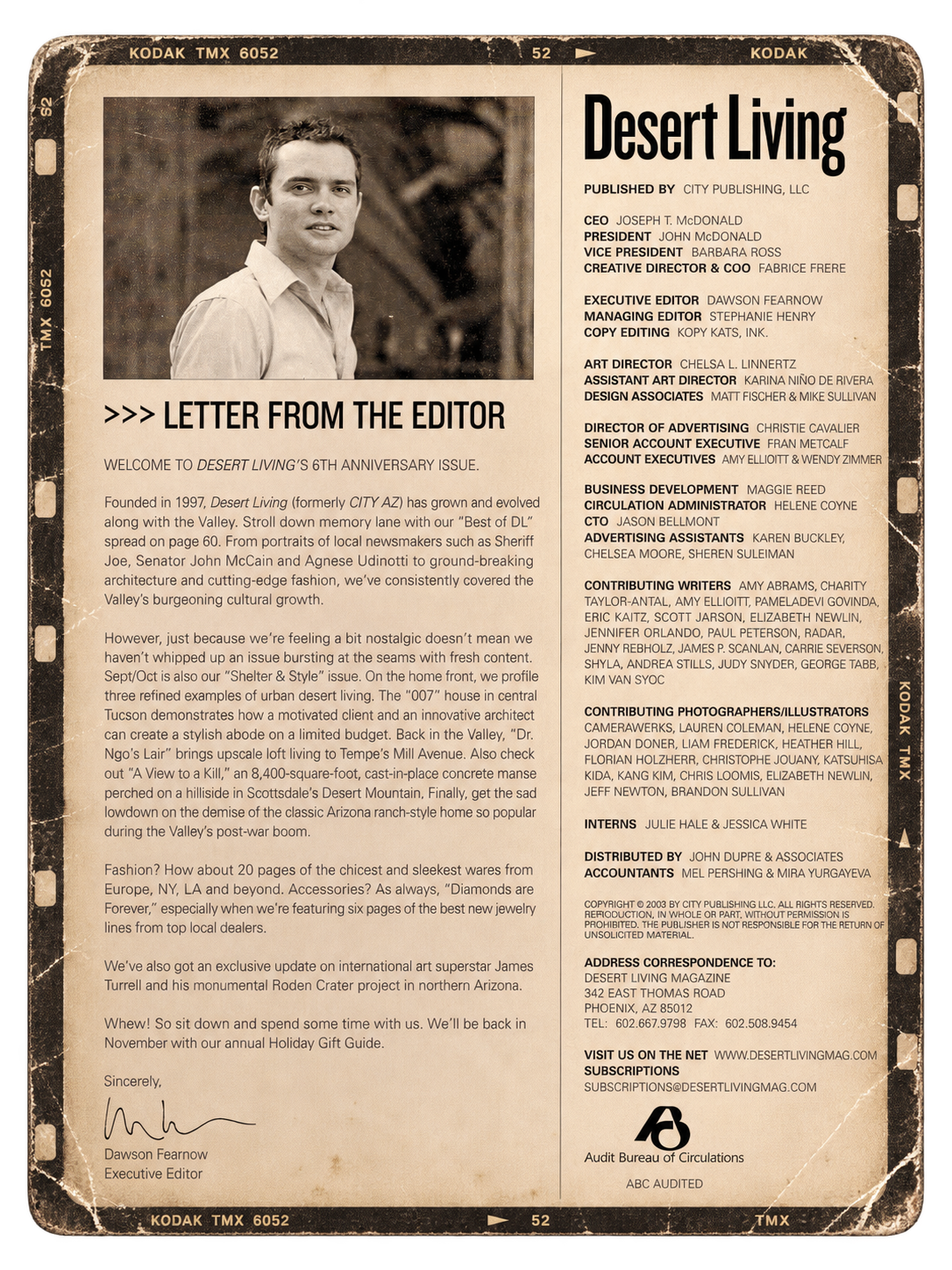 A vintage newspaper page from Desert Living magazine featuring a black and white photograph of a man and an editorial letter. The page has a worn, aged appearance with torn and frayed edges.